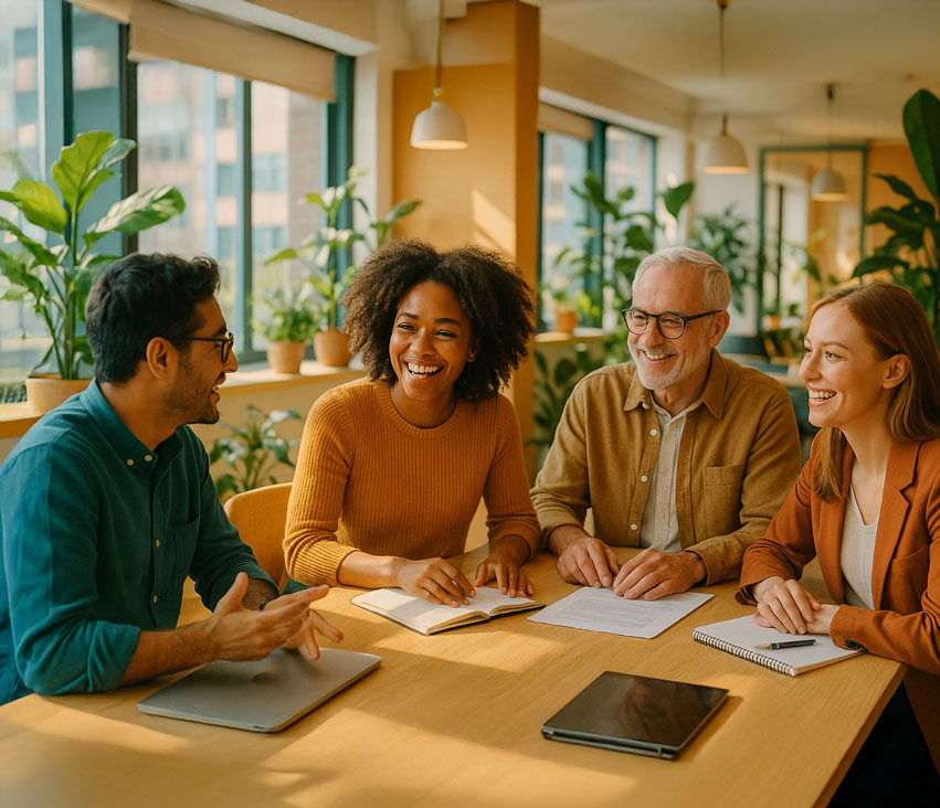 Group of clients, meeting in a warm environment for abound workplaces